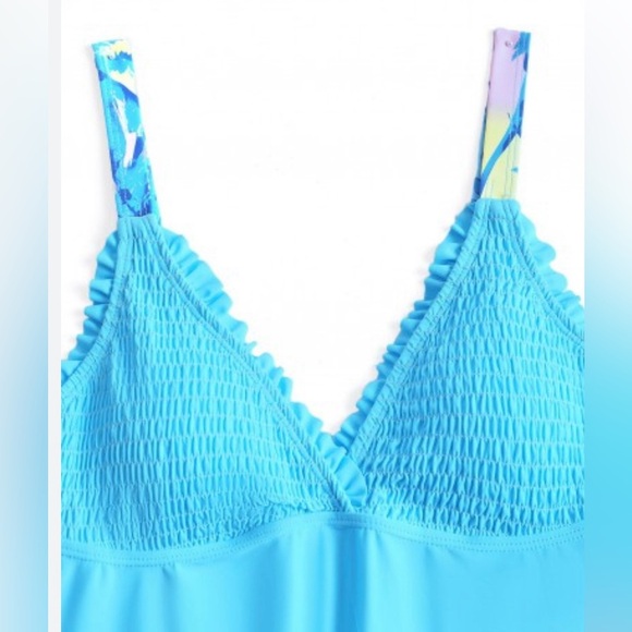 MODLILY® Smocked Tropical Plants Print Cyan Tankini Set Size Large NWT - Picture 3 of 6